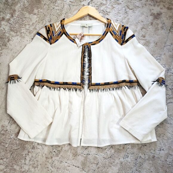 Del Lago Medium NWT Beige Long Sleeve Boho Beaded Embroidered Cropped Jacket - Picture 1 of 15